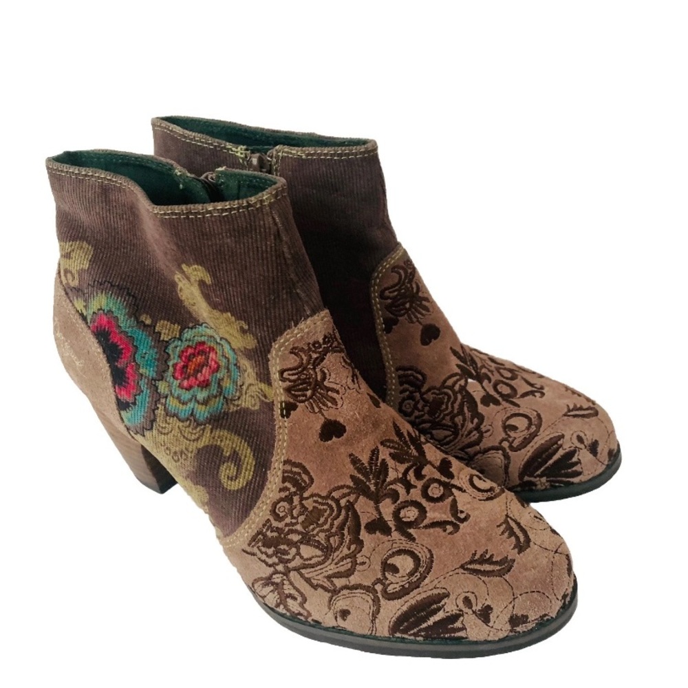 Desigual Brown Suede Leather Floral Corduroy Ankle Boots Women Sz EU 40 Boho